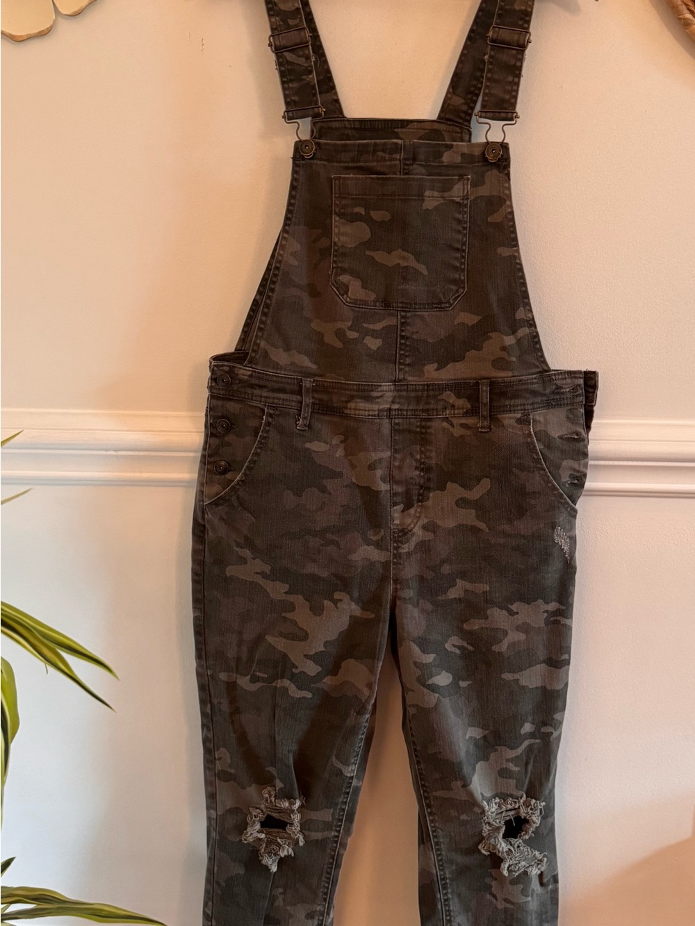 Women’s Camo Distressed Overalls - Olive Green